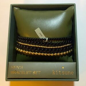 Kitsune Men's Black Onyx And Gold Bead Bracelet Set New In Box